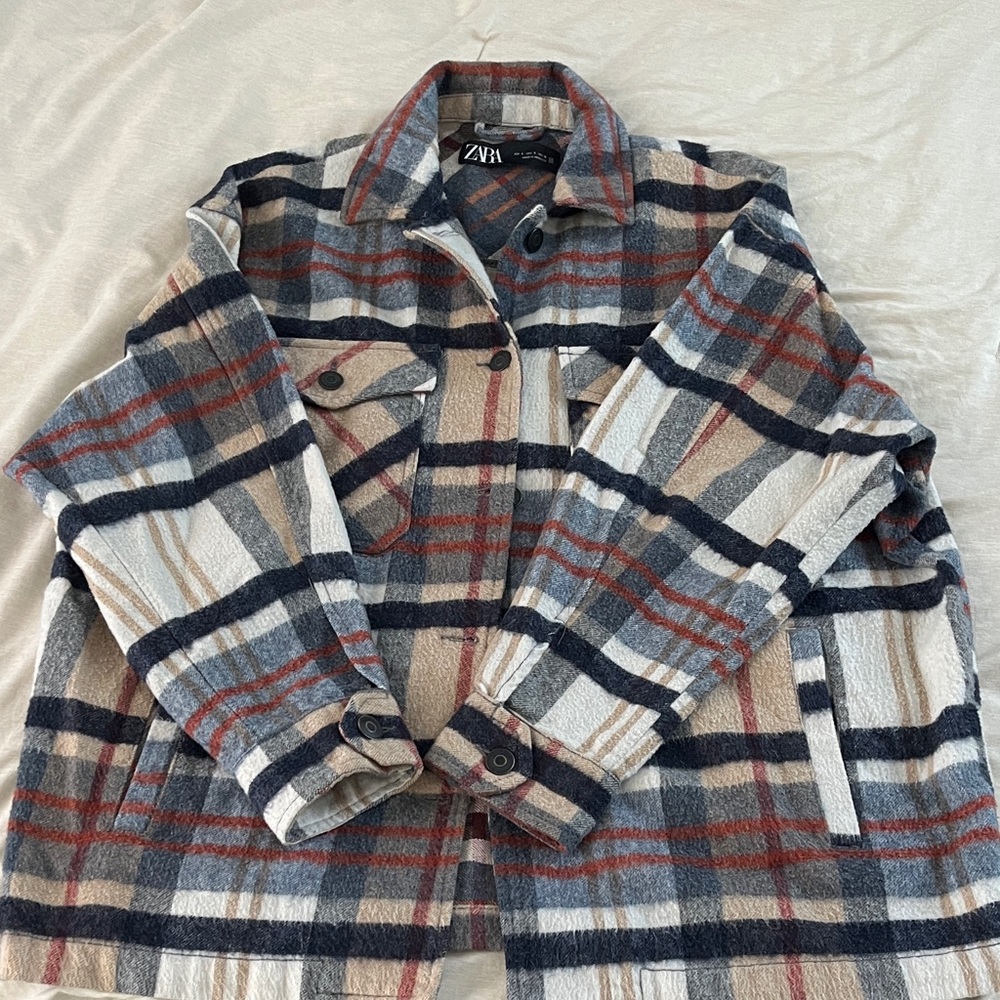 Zara Cream Navy & Rust Plaid Shacket